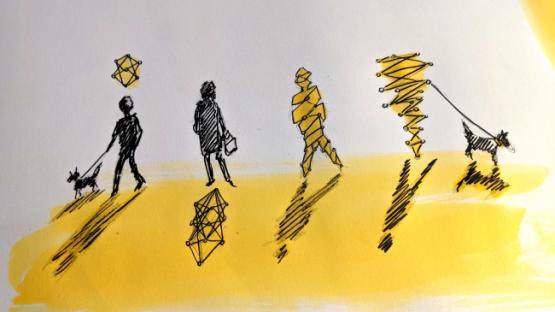 Gold and black sketching of people and dogs symbolising data