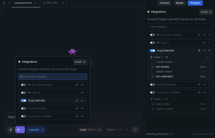 Screenshot of using LM-Studio and its 'integrations' popup that connects plugins and MCP servers