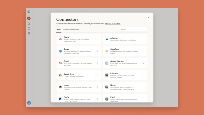 Anthropic's website image of Claude's connectors listing a series of services including Google and Paypal services