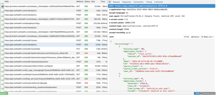 Screenshot of Flo in the Data Interception Environment - an entry called 'POST' accompanied by an api analytics link is highlighted 