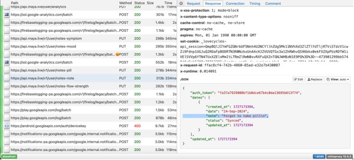 Response to the above request which shows that the note has been synced.