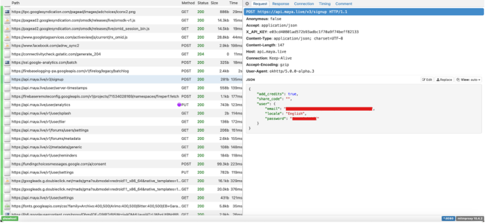 A screenshot of data from the DIE, one entry - a request from the Maya API - is highlighted.