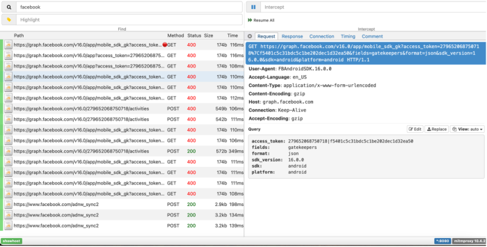 Request for the rejected call intercepted by the DIE includes fields: gatekeepers, along with an acess_token, information on the sdk_version and the platform