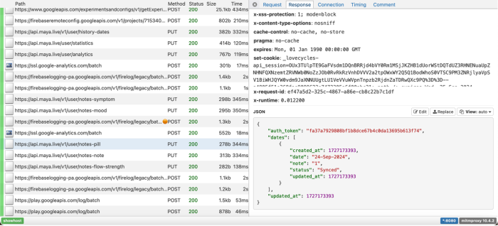 Screenshot of data logs in the DIE a response the above request is highlighted