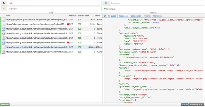 Data captured by the DIE - the response to the above request is highlighted. It includes information for ad placement.