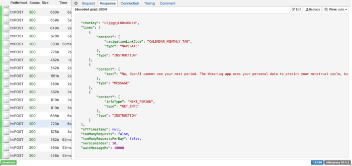 A response captured by the DIE it includes the chatbot's response in a field marked "text", it reads No, OpenAI cannot see your next period. The WomanLog app uses your personal data to predict your menstrual cycle...