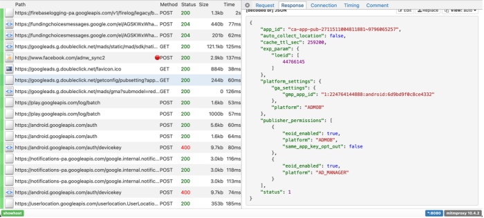 A response from googleads.g.doubleclick.net intercepted by the DIE including "app_id", "auto_collect_location" (which is marked as false), and "platform": "ADMOB"