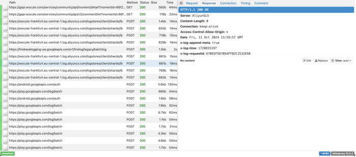 A response intercepted by the DIE, it says Server: AliyunSLS, and includes information such as the date, and fields called x-log-append-meta, x-log-time, and x-log-requested