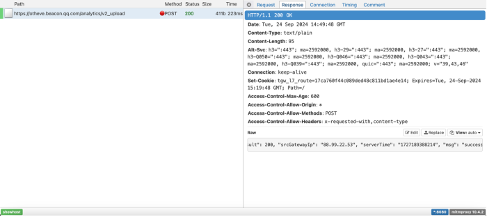 An acknowledgement response from otheve.beacon.qq.com 