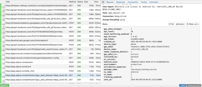 An 'Adjust' request intercepted by the DIE, it includes information such as app_version, app_toke, device_type, gps_adid, and more