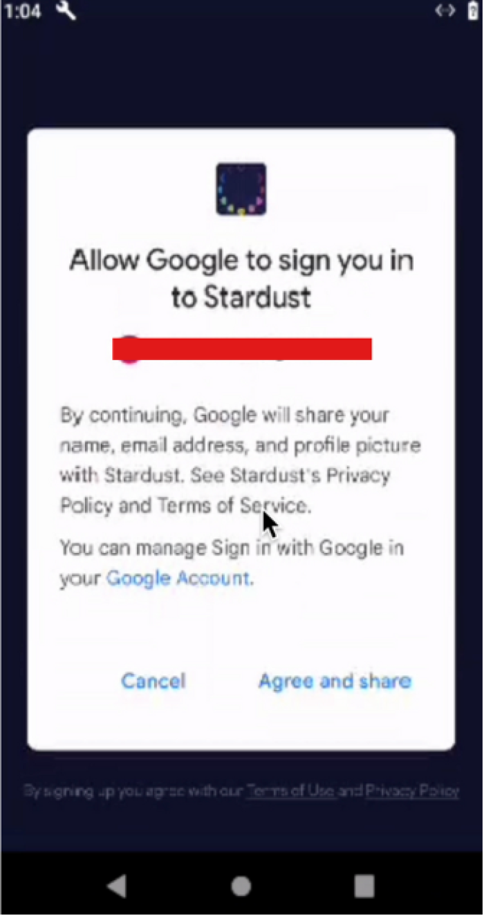 A screenshot of a pop up in the Stardust app titled Allow Google to sign you in to Stardust. 