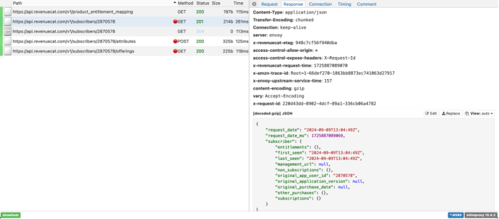 A response from Revenue Cat API including "request_date", and other data fields listed under "subscriber" including "first_seen", "last_seen", "original_app_user_id" and others. Information about the request includes connection: keep-alive and server:envoy,