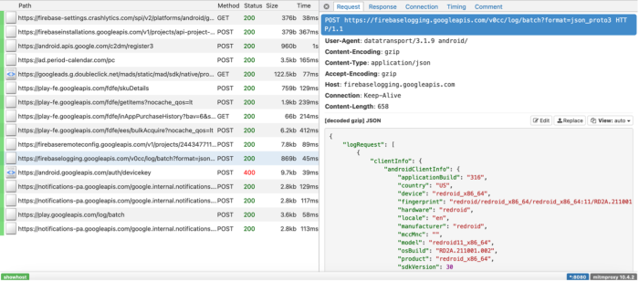 Screenshot of data in DIE - a firebase request which includes information such as "country": "US", "hardware": "redroid" and "device": "redroid_x86_64"
