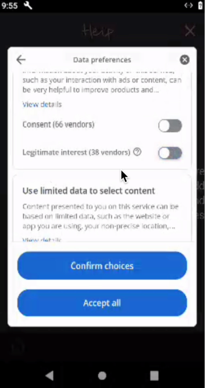 A screenshot of the 'manage options' screen of the consent, it includes the option to turn on Consent (66 vendors) and Legitimate interest (38 vendors).