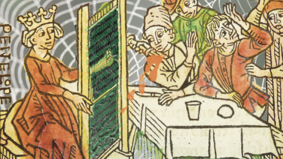 An archival image of a medieval dinner scene. On one side, there is a Penelope (from Greek mythology) weaving, but instead of thread, it is a board of binary code. On the other side, there is a a drink spilling and other figures looking distressed/chaotic.