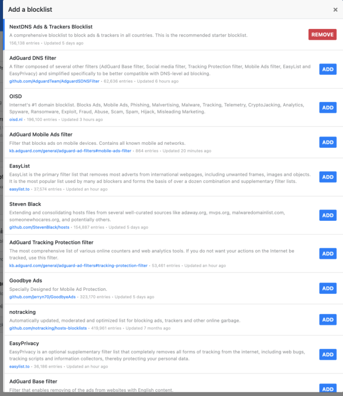 A table with blocklists that can be selected