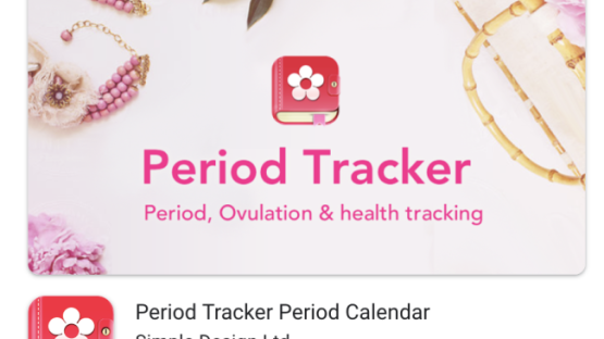 Screenshot of Period Tracker by Simple Design's listing in the Google app store it has a 4.9 star rating