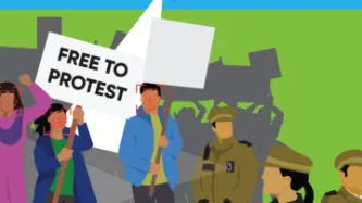 Illustration of a protest with police watching, with a placard stating 'FREE TO PROTEST' 