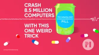 Green pill bottle with label reading Technology Pill surrounded by muli-colour pills with a sound waveform running behind it, title of the podcast appears next to the bottle