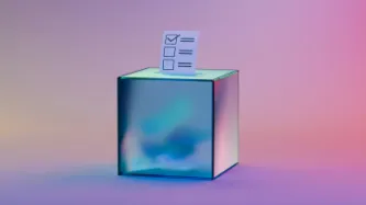 Metallic blue ballot box with voting ballot sliding in against pink-purple background