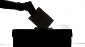 Black and white photograph depicting silhouette of hand inserting voting ballot into box.