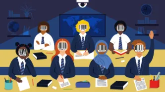 Children with barcodes for faces sitting in a classroom under a camera