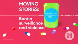 An open green pill bottle labelled Technology Pill, next to the title of the podcast, over a moving sound waveform