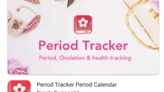 Screenshot of Period Tracker by Simple Design's listing in the Google app store it has a 4.9 star rating