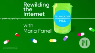 Green pill bottle with label reading Technology Pill surrounded by muli-colour pills with a sound waveform running behind it, the podcast title is next to the bottle