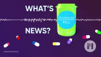 reen pill bottle with label reading Technology Pill surrounded by muli-colour pills with a sound waveform running behind it, text next to the bottle reads What's News?