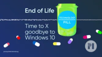 Open pot of green pills with a sticker reading 'Technology Pill' the title of hte podcast hovers next to it over a sound waveform